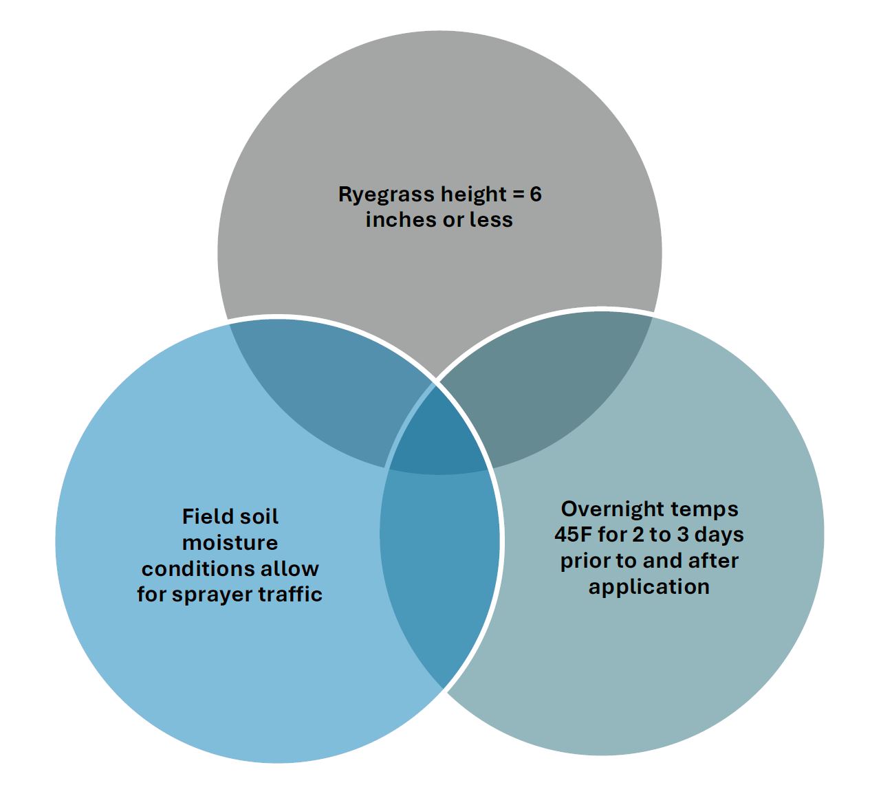 The optimal window for Italian (annual) ryegrass burndown occurs when all three of these parameters occur at the same time.
