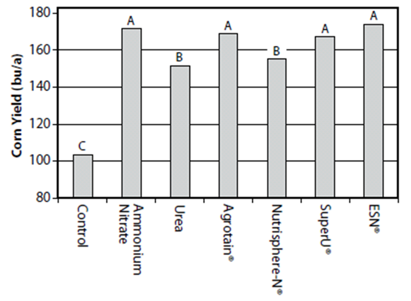 Graph - effect of N fertilizer source stabilization on corn grain yield. 